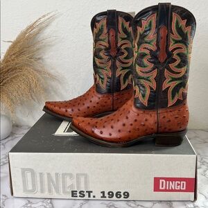 Brown Ostrich Leather Cowboy Boots with Multicolor Stitching Size 8.5 EW